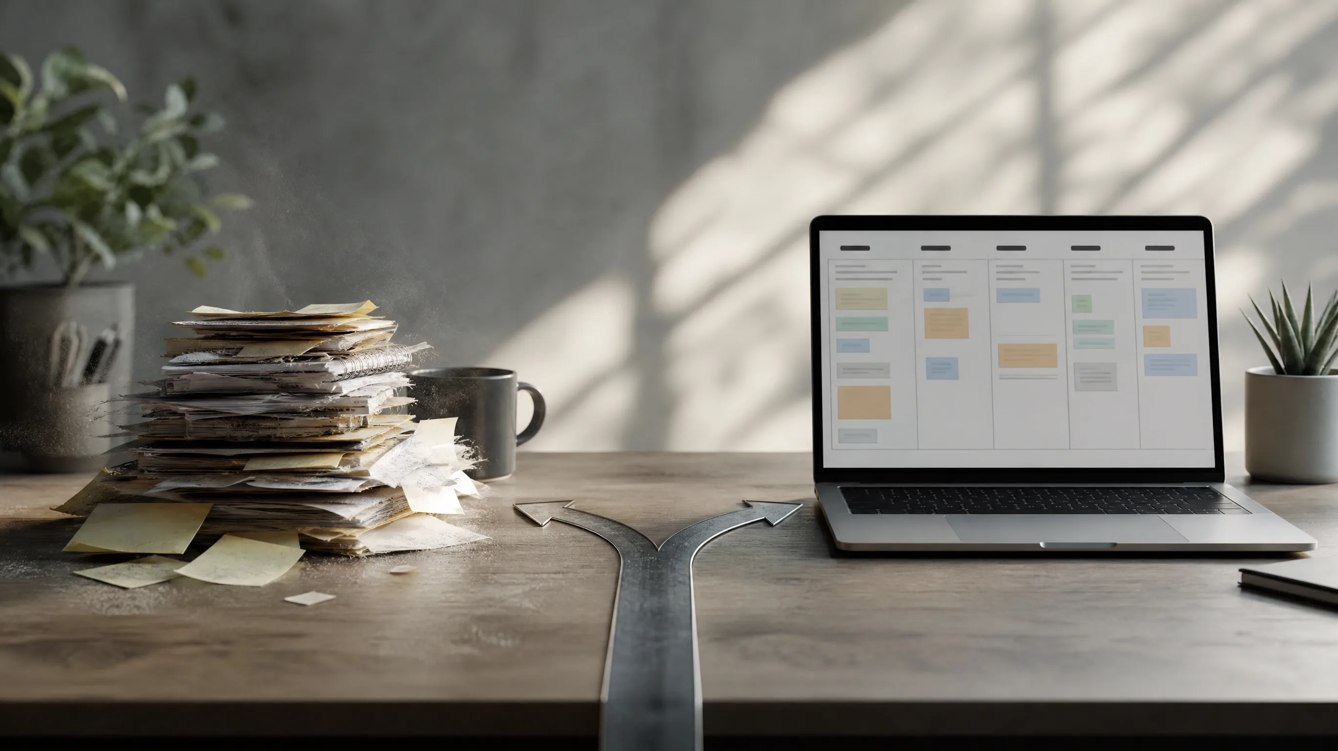 Secretária com papéis por responder de um lado e um portátil com um funil de vendas organizado do outro