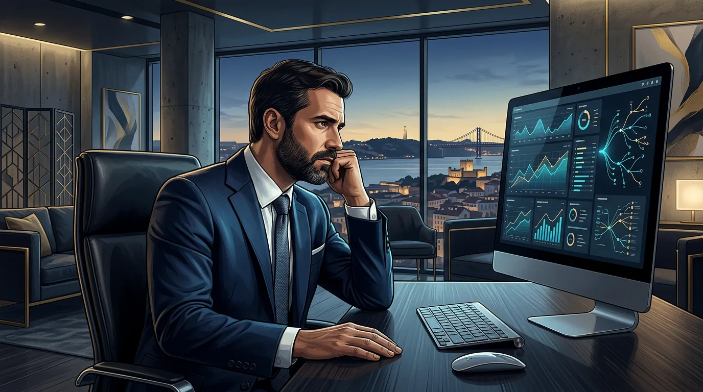Um empresário de fato a olhar para um ecrã de computador cheio de gráficos de leads com uma expressão de frustração, num escritório moderno em Lisboa