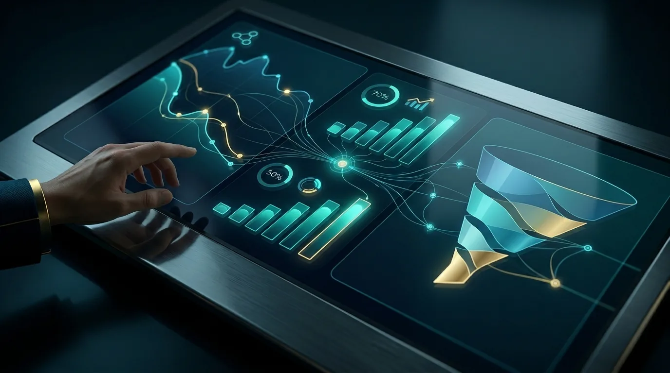 Um painel de controlo digital que mostra métricas de marketing e vendas, com gráficos de CPL, ROI e funil de conversão, tudo otimizado por inteligência artificial.