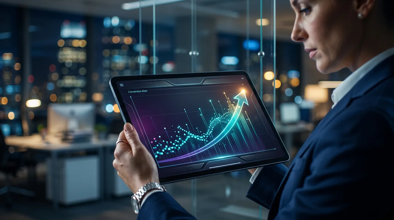 Um dashboard de CRM num tablet mostrando um aumento significativo na taxa de conversão de vendas, com luzes de escritório desfocadas ao fundo