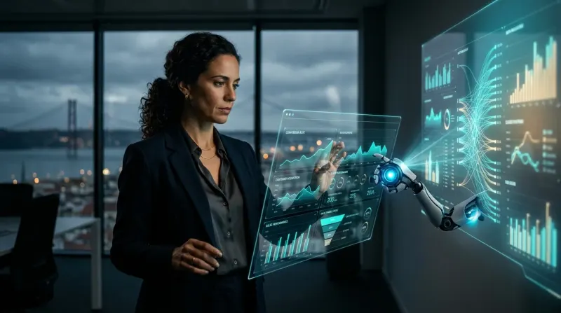 Uma mulher de negócios portuguesa a observar um painel de controlo digital, com gráficos e indicadores de desempenho de vendas, enquanto um robô assistente digital projeta dados num ecrã.