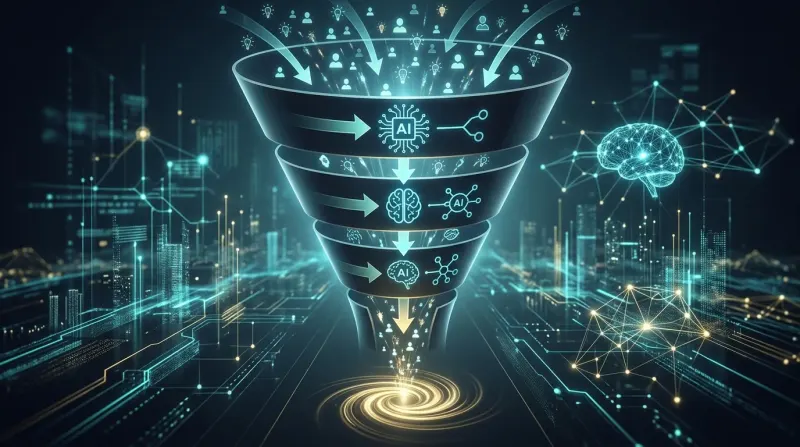 Um diagrama simplificado de um funil de vendas digital, com setas a indicar o fluxo de clientes desde o topo até à base, com ícones de IA a intervir em cada fase.