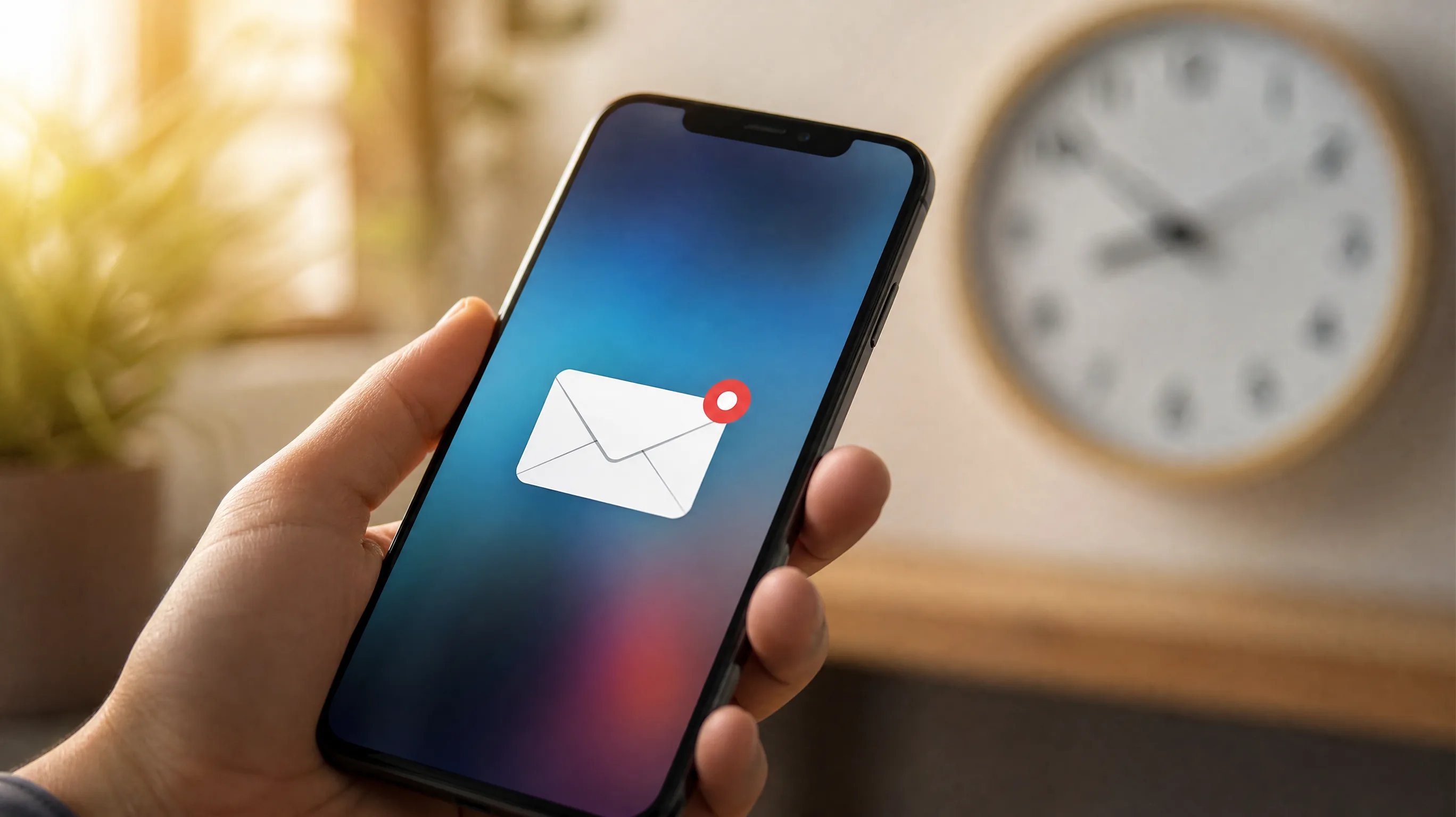 Mão a segurar um telemóvel no momento em que chega a notificação de um novo email