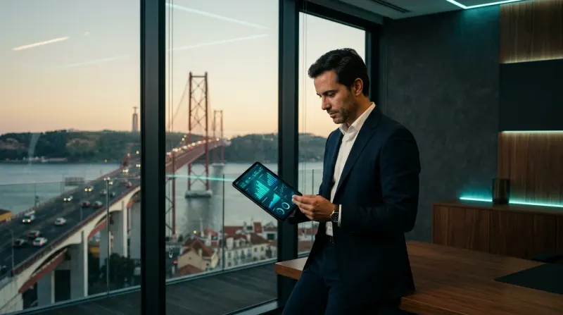 Um empresário português num escritório moderno em Lisboa a analisar gráficos de crescimento digital num tablet com a Ponte 25 de Abril ao fundo