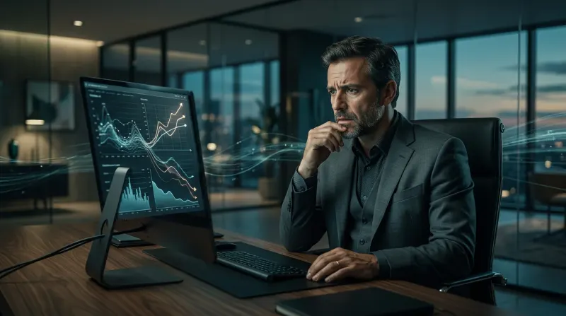 Frustrated business professional working with multiple paper documents and a laptop, representing the burden of manual work