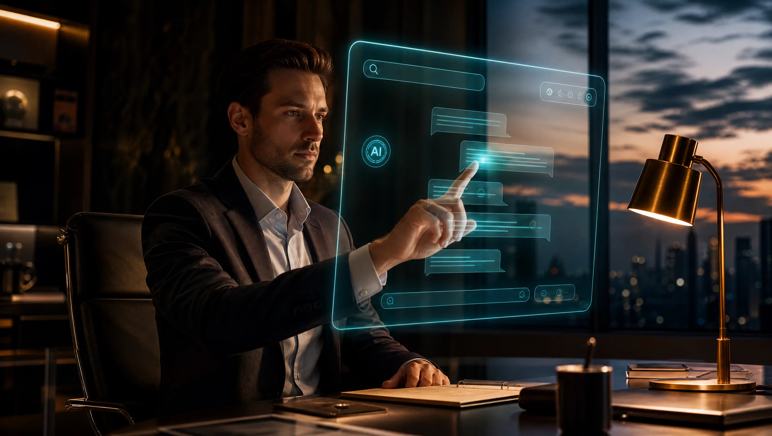 Pessoa de negócios a interagir com um ecrã holográfico transparente com interface de IA, escritório escuro ao entardecer