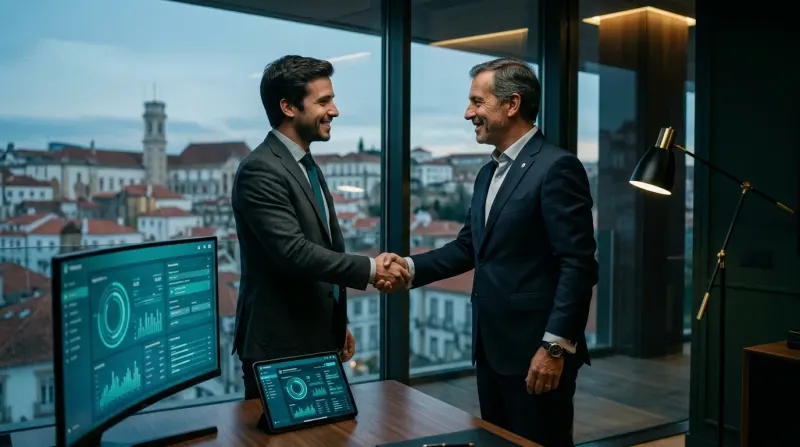 Dois profissionais portugueses a apertar a mão num escritório de Coimbra celebrando a implementação bem-sucedida de um sistema tecnológico