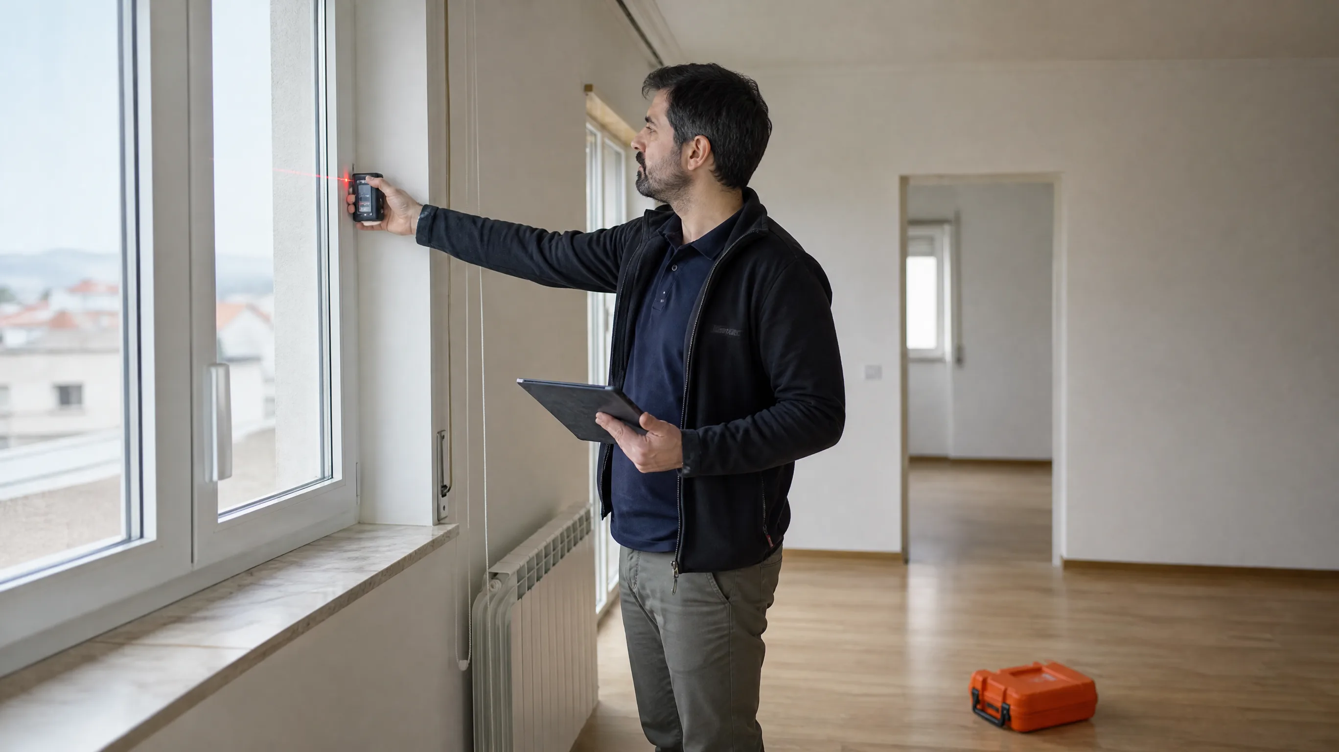 Perito de certificação energética a medir uma janela durante a visita a um apartamento