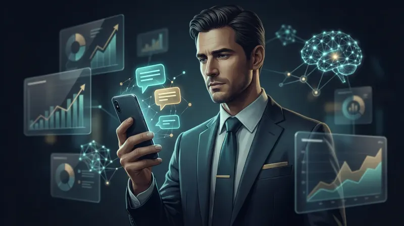 Professional smartphone displaying a business automation dashboard with WhatsApp icons and sales growth charts