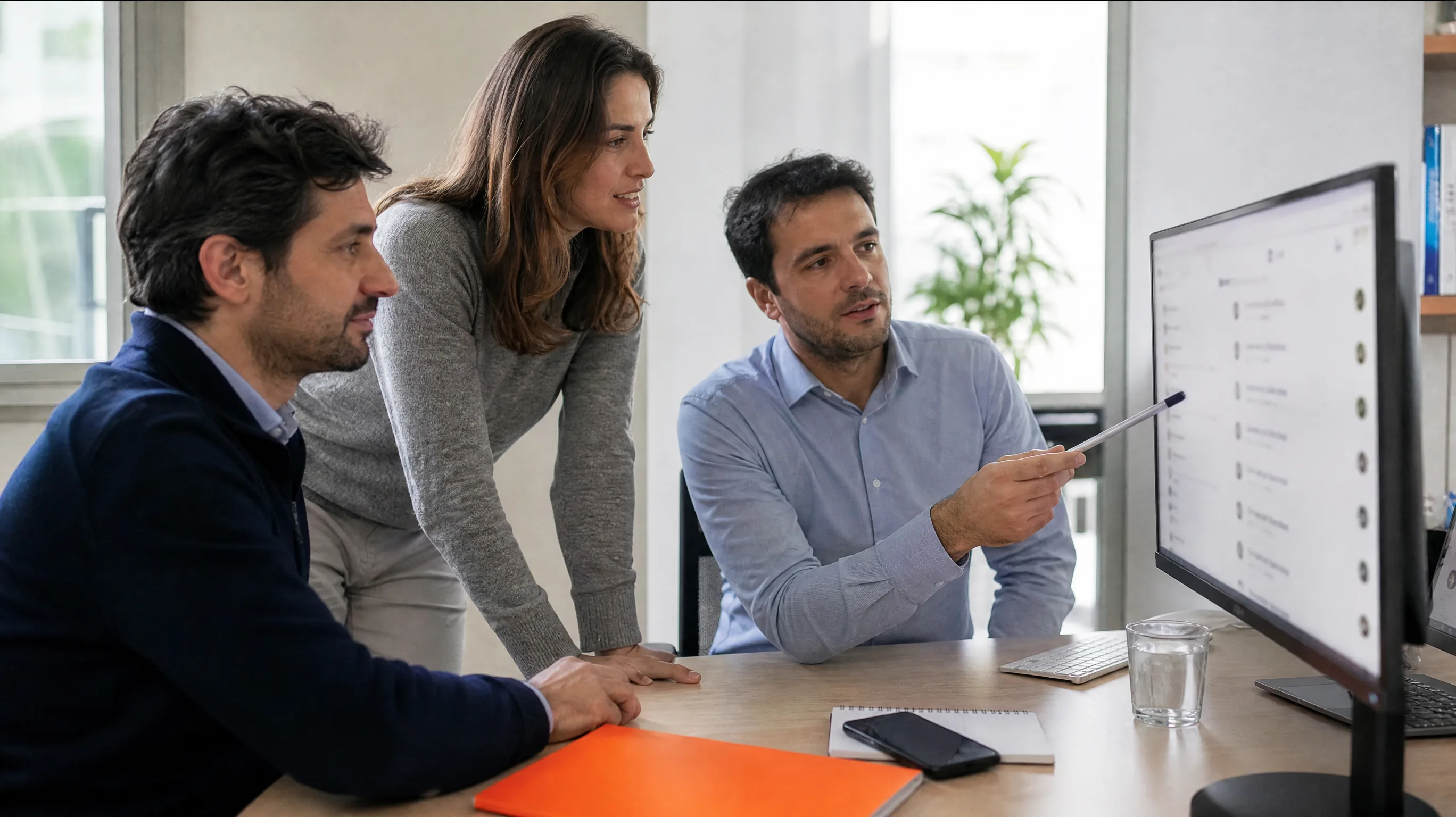 Pequena equipa num escritório a acompanhar as conversas de clientes num ecrã, com um telemóvel na mesa