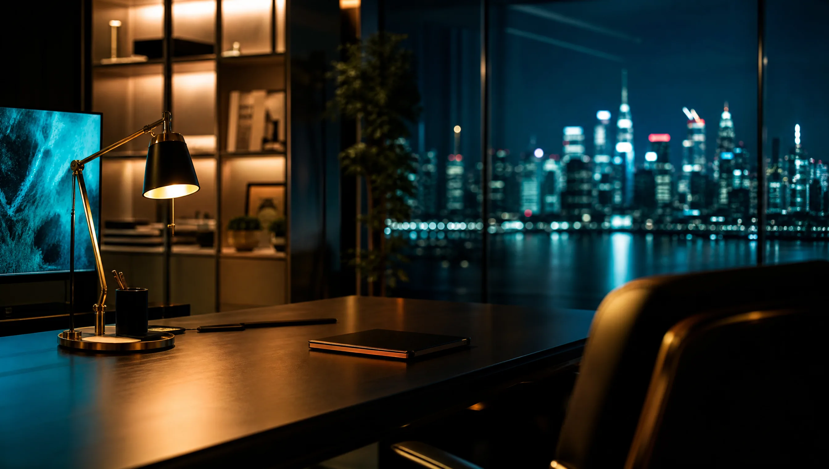 Vista nocturna de uma cidade a partir de um escritório com skyline visível, ambiente premium e sofisticado